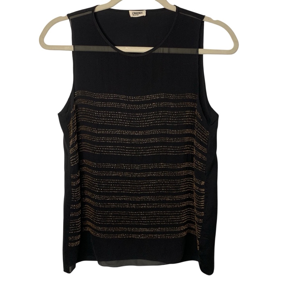 L'AGENCE Black & Gold Bead Embellished Women’s Size 2 Sheer 100% Silk Tank Top